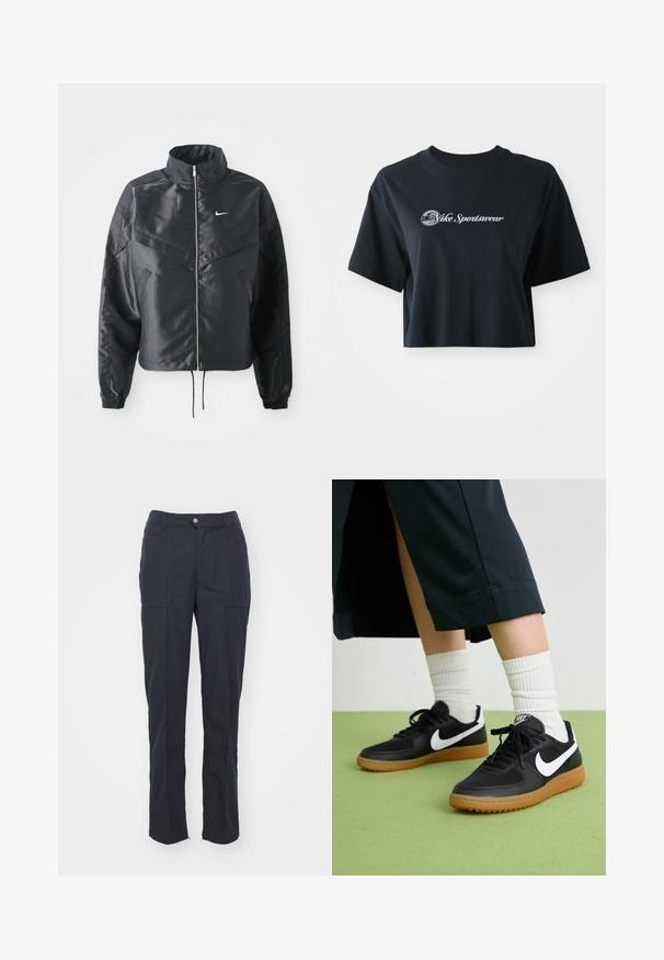 Črna skrajšana jakna z visokim ovratnikom, zadrgo, elastan rokavi in belim logotipom Nike. Gladek, sijoč material z rahlo teksturirano površino.; Skrajno odrezana črna bombažna majica s kratkimi rokavi, z belim napisom "Vice Sportswear" in krožno grafiko spredaj.; Temno modri hlače s ravnim krojem, ki imajo dva sprednja žepa, gumbasto zapiranje in gladko teksturo tkanine.; Črne usnjene in sintetične superge z belim Nike swooshom, gumo na podplatu, okroglo konico ter črnimi vezalkami. Vidne so rebraste bele nogavice.