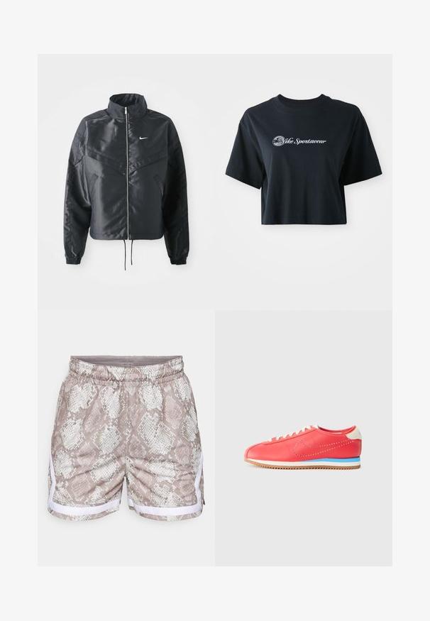 Schwarze, verkürzte Jacke mit hohem Kragen, Reißverschluss, Elastan-Ärmeln und einem weißen Nike-Logo. Glattes, glänzendes Material mit leicht strukturiertem Oberflächeneffekt.; Gekürztes schwarzes Baumwoll-T-Shirt mit kurzen Ärmeln, das weißen Text "Vice Sportswear" und eine runde Grafik auf der Vorderseite zeigt.; Kurze Hosen mit einem Schlangenhautmuster in Beige und Weiß, ausgestattet mit einem elastischen Taillenbund und weißen Seitenakzenten. Glatte Textur, lässiges Design.; Rote Lederturnschuhe mit perforiertem Design, kontrastierender blauer Zwischensohle, beigem Absatzakzent und weißen Schnürsenkeln. Klassische, geschwungene Form.