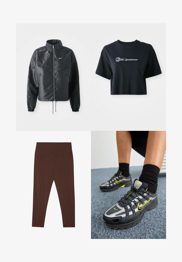 Melna apgriezta jaka ar augstu apkakli, rāvējslēdzēja aizdari, elastīna aprocēm un baltu Nike logo. Gluda, spīdīga auduma ar nedaudz teksturētu virsmu.; Izgriezta melna kokvilnas T-kreklā ar īsām piedurknēm, kurā ir balta teksta uzraksts "Vice Sportswear" un apļveidīga grafika uz priekšpuses.; Brūnas, vidēji augstas legingas, izgatavotas no elastīga auduma ar gludu tekstūru. Tām ir minimāla šuvju struktūra un pieguļoša dizaina.; Melnas un pelēkas sporta apavus ar atstarojošām sudraba akcentiem, teksturētām acs paneļiem un spilgti dzelteniem akcentiem. Kaklāts dizains ar strukturētu zoli.