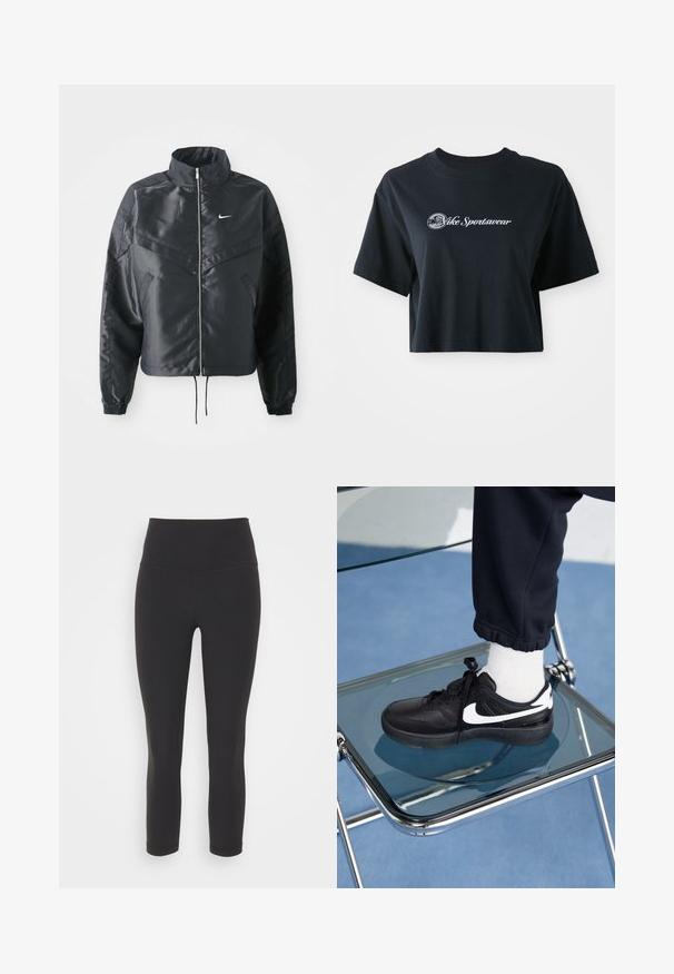 Czarna krótka kurtka z wysokim kołnierzem, zamek błyskawiczny, ściągacze z elastanu i białe logo Nike. Gładki, błyszczący materiał o lekko teksturowanej powierzchni.; Przycięta czarna koszulka bawełniana z krótkim rękawem, z białym napisem "Vice Sportswear" oraz okrągłą grafiką z przodu.; Czarne, dopasowane legginsy z rozciągliwego materiału, z wysokim stanem i gładką, matową fakturą, bez wzorów czy ozdób.; Czarne sneakersy Nike z białymi akcentami, charakteryzujące się gładką skórzaną teksturą, zawiązywaną konstrukcją i zaokrąglonym noskiem, umieszczone na szklanym krześle.