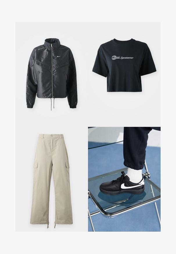 Schwarze, verkürzte Jacke mit hohem Kragen, Reißverschluss, Elastan-Ärmeln und einem weißen Nike-Logo. Glattes, glänzendes Material mit leicht strukturiertem Oberflächeneffekt.; Gekürztes schwarzes Baumwoll-T-Shirt mit kurzen Ärmeln, das weißen Text "Vice Sportswear" und eine runde Grafik auf der Vorderseite zeigt.; Helle beige Cargo-Hosen mit lockerer Passform, ausgestattet mit einem Knopfverschluss, seitlichen Taschen und verstellbarem Saum mit Bändern. Glatte Stoffoberfläche.; Schwarze Nike-Sneaker mit weißen Akzenten, die über eine glatte Ledertextur, ein Schnürdesign und eine abgerundete Zehenform verfügen, platziert auf einem Glasstuhl.