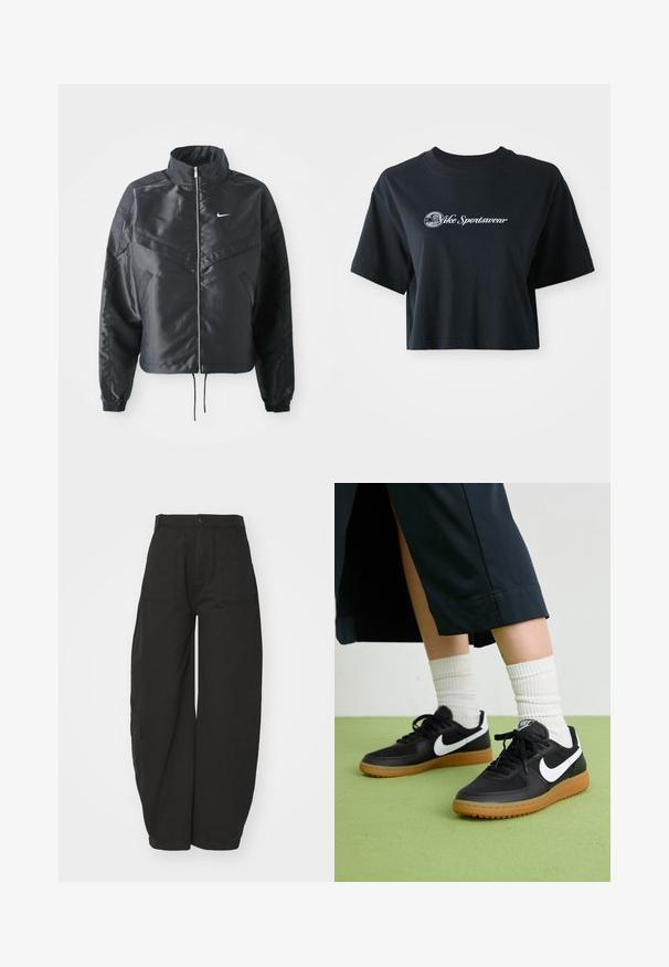 Juoda trumpa striukė su aukštu coloru, užtrauktuku, elastaniniu rankogaliu ir balta Nike logotipu. Lygus, blizgus audinys su šiek tiek tekstūruotu paviršiumi.; Trumpa juoda medvilnė t-shirt su trumpomis rankovėmis, su balta etikete "Vice Sportswear" ir apskritu grafiku priekyje.; Platus juodos spalvos kelnės, pagamintos iš medvilnės, su aukštu liemeniu, priekyje esančia sagų uždarymo sistema ir šoninėmis kišenėmis funkcionalumui.; Juodos odinės ir sintetinių medžiagų sportbačiai su balta Nike swoosh, guminis padas, apvalus pirštas ir juodi raišteliai. Matomos banguotos baltos kojinės.