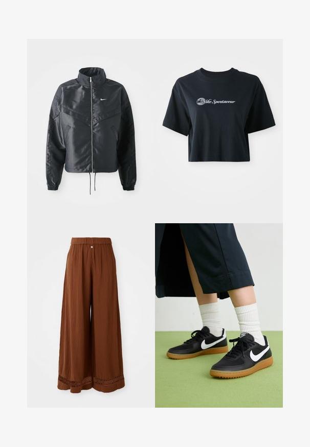 Mustat lyhyet takit, joissa on korkea kaulus, vetoketjukiinnitys, elastaanista valmistetut hihan suut ja valkoinen Nike-logo. Sileä, kiiltävä kangas, jossa on hieman tekstuuria.; Mustat puuvillaiset t-paidat, joissa on lyhyet hihat, etupuolella valkoiset tekstit "Vice Sportswear" ja ympyräkuvio.; Vaaleat ruskeat leveälahkeiset housut, jotka on valmistettu teksturoidusta kankaasta. Housuissa on kerätty vyötärö ja pitsikoristeet helmassa.; Mustat nahka- ja synteettiset urheilukengät, joissa on valkoinen Nike-merkki, kuminen pohja, pyöreä kärki ja mustat nauhat. Raitapintaiset valkoiset sukat näkyvissä.