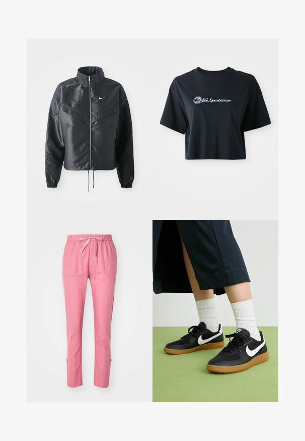 Fekete, rövidített dzseki magas gallérral, cipzáras záródással, elasztikus mandzsettákkal, és fehér Nike logóval. Simább, fényes anyag, enyhén textúrázott felülettel.; Rövid ujjú, cropped fekete pamut póló, fehér "Vice Sportswear" felirattal és kör alakú grafikával az elején.; Rózsaszín len nadrág rugalmas derékrésszel, húzózsinórral és két elülső zsebbel. Egyenes szabás, oldalsó hasítékokkal az alján.; Fekete bőr és szintetikus sneakers, fehér Nike logo-val, gumi talppal, kerek orral és fekete fűzővel. Csíkos fehér zokni látható.