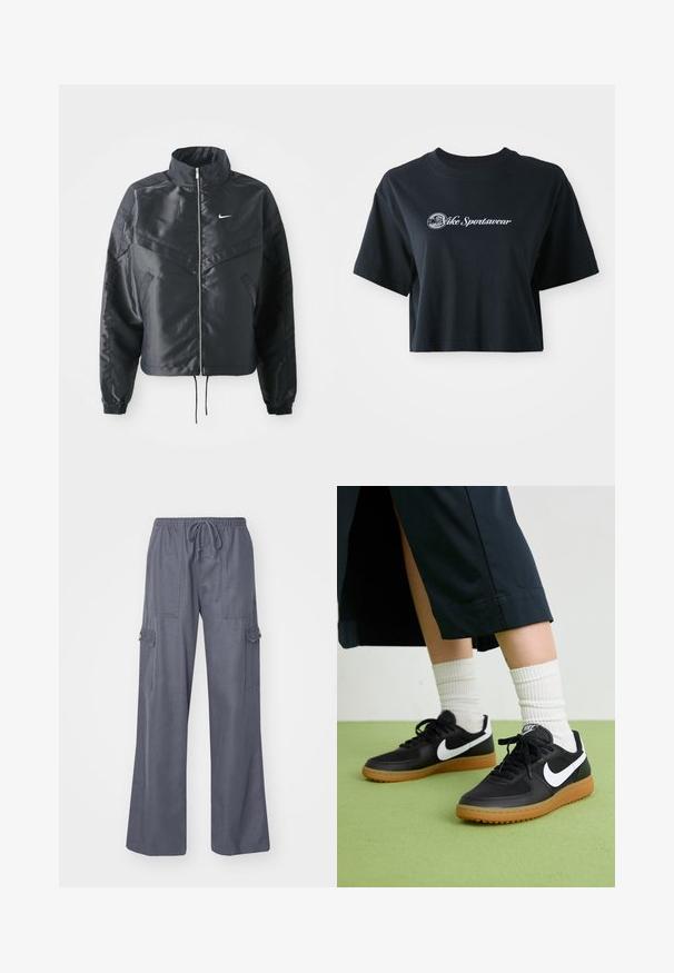 Zwarte cropped jack met hoge kraag, ritsluiting, elastische manchetten en een wit Nike-logo. Glad, glanzend materiaal met een licht gestructureerd oppervlak.; Korte zwarte katoenen t-shirt met korte mouwen, voorzien van witte tekst "Vice Sportswear" en een ronde afbeelding aan de voorkant.; Grijze cargo-broeken met een trekkoord in de taille, wijde pijpen en twee zijzakken. Gemaakt van een zachte, lichte stof.; Zwarte leren en synthetische sneakers met witte Nike swoosh, rubberen gumzool, ronde neus en zwarte veters. Geribbelde witte sokken zichtbaar.