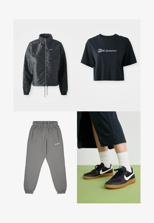 Melna apgriezta jaka ar augstu apkakli, rāvējslēdzēja aizdari, elastīna aprocēm un baltu Nike logo. Gluda, spīdīga auduma ar nedaudz teksturētu virsmu.; Izgriezta melna kokvilnas T-kreklā ar īsām piedurknēm, kurā ir balta teksta uzraksts "Vice Sportswear" un apļveidīga grafika uz priekšpuses.; Pegador VILLA HIGH WAISTED - Treniņtērpa apakšdaļas - washed deep grey,white gum; Melna āda un sintētiska materiāla sporta apavi ar baltu Nike logo, gumijas zole, apaļa purngala forma un melni šņores. Redzamas ribotas baltas zeķes.