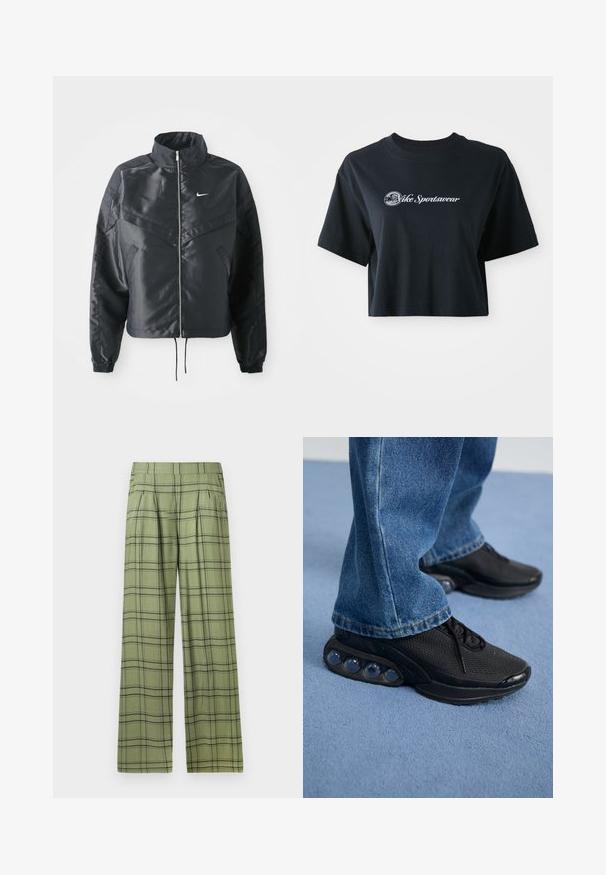 Must kolledžiga must lühike jope, millel on lukuga sulgus, elastne mansett ja valge Nike logo. Sile, läikiv kangas, millel on veidi tekstureeritud pind.; Lühikeste varrukatega must puuvillane t-särk, millel on ees valge tekst "Vice Sportswear" ja ringikujuline graafika.; Roheline laiade jalgadega püksid musta ruudulise mustriga, kõrge vöökoht, ette voltitud ja küljetaskudega.; Mustad mustandid jooksujalatsid, millel on võrkmaterjalist ülemine osa, tekstuuriga detailid ja nähtavad õhkpadjad tallas. Kandmine siniste teksadega.