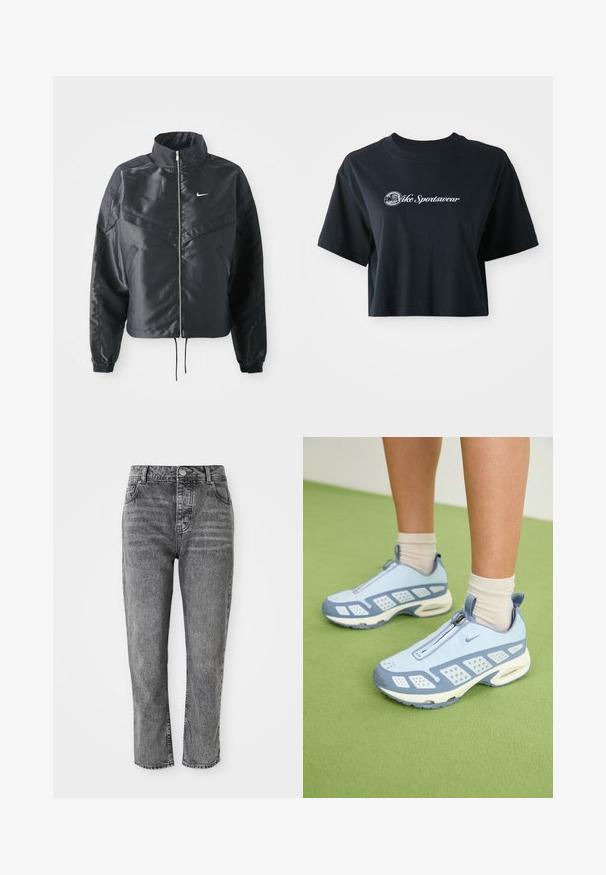 Casaco preto curto com colarinho alto, fecho de zip, punhos em elastano e um logótipo Nike branco. Tecido suave e brilhante com uma superfície ligeiramente texturizada.; T-shirt preta de algodão, cortada, com mangas curtas, apresentando o texto branco "Vice Sportswear" e um gráfico circular na parte da frente.; Jeans de ganga cinza com cintura alta, corte reto, apresentando bolsos frontais e um pequeno detalhe em botão de metal na cintura.; Sapatos de desporto azul claro com acabamento branco, painéis texturizados e fecho de zíper. Apresentam uma sola com amortecimento visível e sola em borracha.