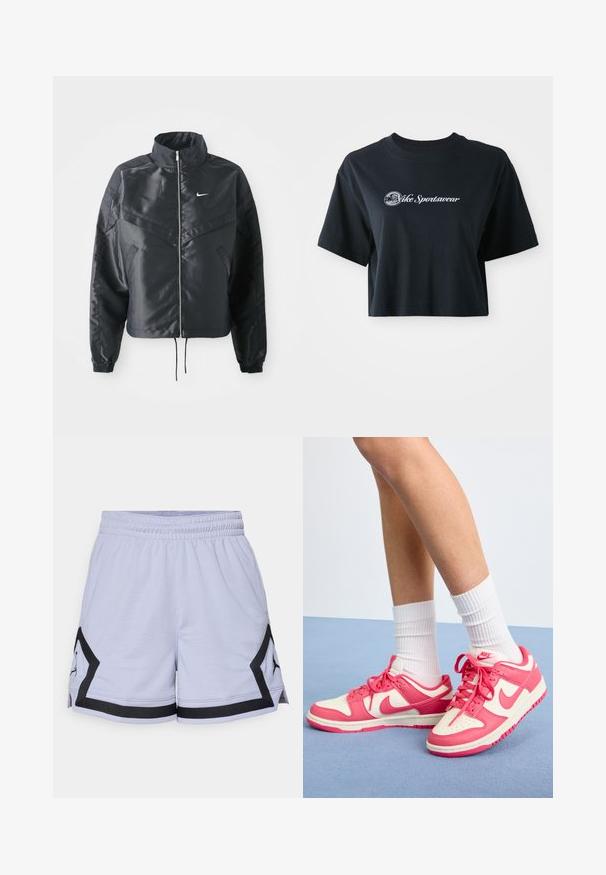 Fekete, rövidített dzseki magas gallérral, cipzáras záródással, elasztikus mandzsettákkal, és fehér Nike logóval. Simább, fényes anyag, enyhén textúrázott felülettel.; Rövid ujjú, cropped fekete pamut póló, fehér "Vice Sportswear" felirattal és kör alakú grafikával az elején.; Világoslila sportnadrág textúrált anyagból, fekete díszítésekkel, rugalmas derékkal és oldalsó hasítékokkal a nagyobb mozgásszabadság érdekében.; Nike cipők rózsaszín és krém bőrből, perforált orral, fűzőkkel, fehér zoknival. Oldalán és sarkán logóval, lapos talpú kialakítással.