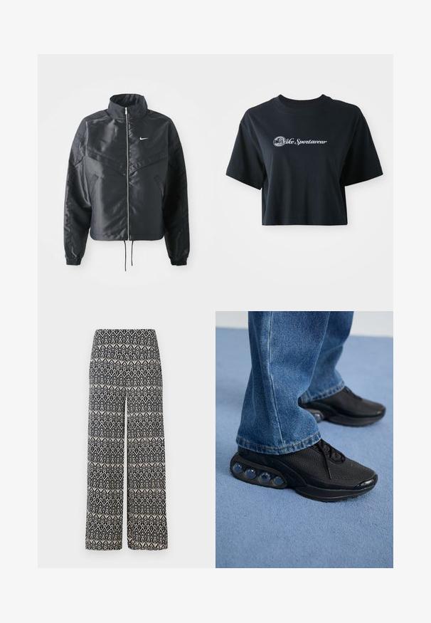 Must kolledžiga must lühike jope, millel on lukuga sulgus, elastne mansett ja valge Nike logo. Sile, läikiv kangas, millel on veidi tekstureeritud pind.; Lühikeste varrukatega must puuvillane t-särk, millel on ees valge tekst "Vice Sportswear" ja ringikujuline graafika.; Laiad püksid musta ja kreemika geomeetrilise mustriga, valmistatud siledast kangast. Mugavuse tagamiseks elastne vöökoht.; Mustad mustandid jooksujalatsid, millel on võrkmaterjalist ülemine osa, tekstuuriga detailid ja nähtavad õhkpadjad tallas. Kandmine siniste teksadega.