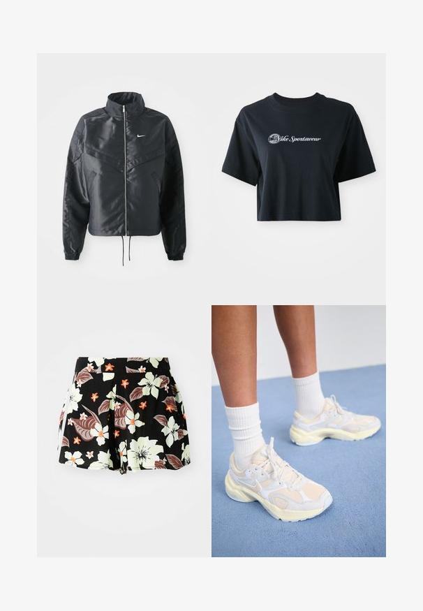 Casaco preto curto com colarinho alto, fecho de zip, punhos em elastano e um logótipo Nike branco. Tecido suave e brilhante com uma superfície ligeiramente texturizada.; T-shirt preta de algodão, cortada, com mangas curtas, apresentando o texto branco "Vice Sportswear" e um gráfico circular na parte da frente.; Calções pretos com padrão floral, apresentando grandes flores verde-claro e laranja com folhas escuras, design plissado e bolsos laterais.; Sapatilhas atléticas elegantes em amarelo claro e branco, com materiais de malha e sintéticos, de forma arredondada e solas texturizadas.