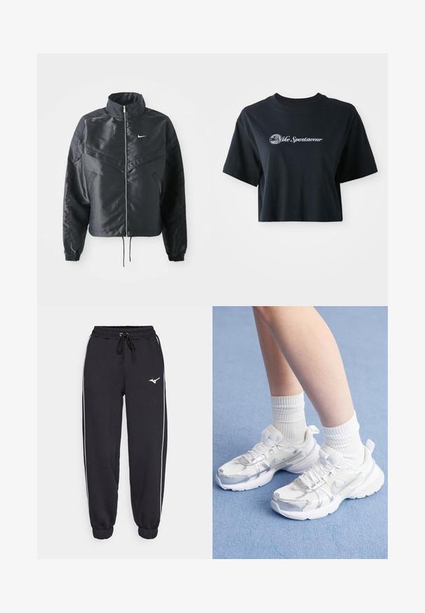 Czarna krótka kurtka z wysokim kołnierzem, zamek błyskawiczny, ściągacze z elastanu i białe logo Nike. Gładki, błyszczący materiał o lekko teksturowanej powierzchni.; Przycięta czarna koszulka bawełniana z krótkim rękawem, z białym napisem "Vice Sportswear" oraz okrągłą grafiką z przodu.; Mizuno - Spodnie treningowe; Białe buty sportowe z siateczkowymi i syntetycznymi nakładkami, z srebrnym logo Nike, zestawione z prążkowanymi białymi skarpetkami na niebieskiej powierzchni.