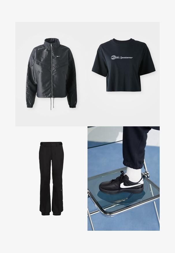 Veste noire courte avec col haut, fermeture éclair, poignets en élasthanne et logo Nike blanc. Tissu lisse et brillant avec une surface légèrement texturée.; T-shirt noir en coton coupé avec des manches courtes, arborant un texte blanc "Vice Sportswear" et un graphique circulaire sur le devant.; Pantalons de neige noirs avec une coupe droite, taille ajustable, poignets renforcés et un détail de marquage subtil sur la jambe gauche.; Baskets Nike noires avec des accents blancs, présentant une texture en cuir lisse, un design à lacets et un bout rond, placées sur une chaise en verre.