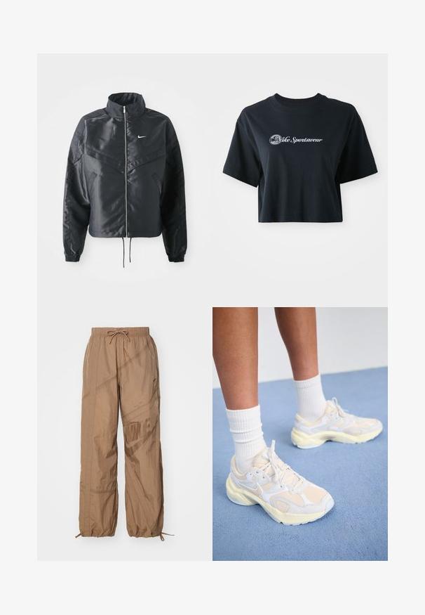 Melna apgriezta jaka ar augstu apkakli, rāvējslēdzēja aizdari, elastīna aprocēm un baltu Nike logo. Gluda, spīdīga auduma ar nedaudz teksturētu virsmu.; Izgriezta melna kokvilnas T-kreklā ar īsām piedurknēm, kurā ir balta teksta uzraksts "Vice Sportswear" un apļveidīga grafika uz priekšpuses.; Brūni Nike šellēni ar aukliņu viduklī, elastīgām aprocēm un diskretu logotipa druku. Tekstūra viegla auduma, brīvs piegriezums, krokotās formas.; Plāni sporta apavi bālgani dzeltenā un baltā krāsā, ar sietu un sintētiskiem materiāliem, noapaļota forma un teksturētām zolem.