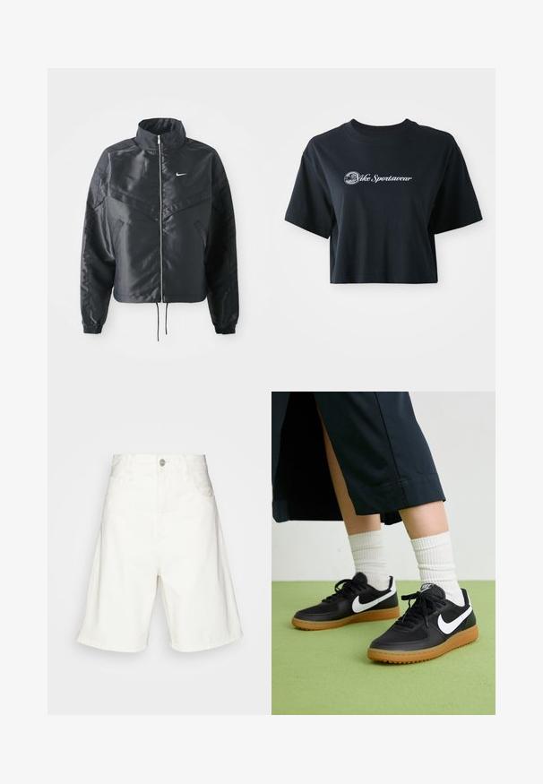 Chaqueta negra corta con cuello alto, cierre de cremallera, puños de elastano y un logo de Nike en blanco. Tejido suave y brillante con una superficie ligeramente texturizada.; Camiseta negra de algodón recortada con mangas cortas, que presenta el texto blanco "Vice Sportswear" y un gráfico circular en la parte delantera.; Shorts de mezclilla blanca con una cintura alta, que cuentan con un cierre de botón frontal, dos bolsillos laterales y un ajuste relajado. Textura suave sin patrones visibles.; Zapatillas de cuero negro y sintético con el swoosh blanco de Nike, suela de goma, punta redonda y cordones negros. Calcetines blancos acanalados visibles.