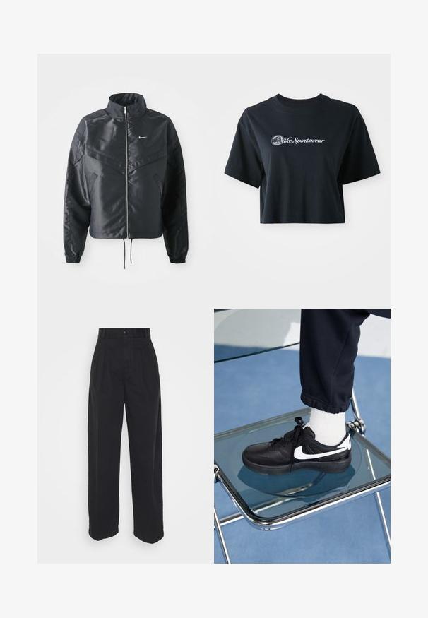 Schwarze, verkürzte Jacke mit hohem Kragen, Reißverschluss, Elastan-Ärmeln und einem weißen Nike-Logo. Glattes, glänzendes Material mit leicht strukturiertem Oberflächeneffekt.; Gekürztes schwarzes Baumwoll-T-Shirt mit kurzen Ärmeln, das weißen Text "Vice Sportswear" und eine runde Grafik auf der Vorderseite zeigt.; Schwarze, weit geschnittene Hosen aus Baumwolle mit glatter Textur, die über einen frontalen Knopfverschluss und zwei seitliche Taschen verfügen.; Schwarze Nike-Sneaker mit weißen Akzenten, die über eine glatte Ledertextur, ein Schnürdesign und eine abgerundete Zehenform verfügen, platziert auf einem Glasstuhl.