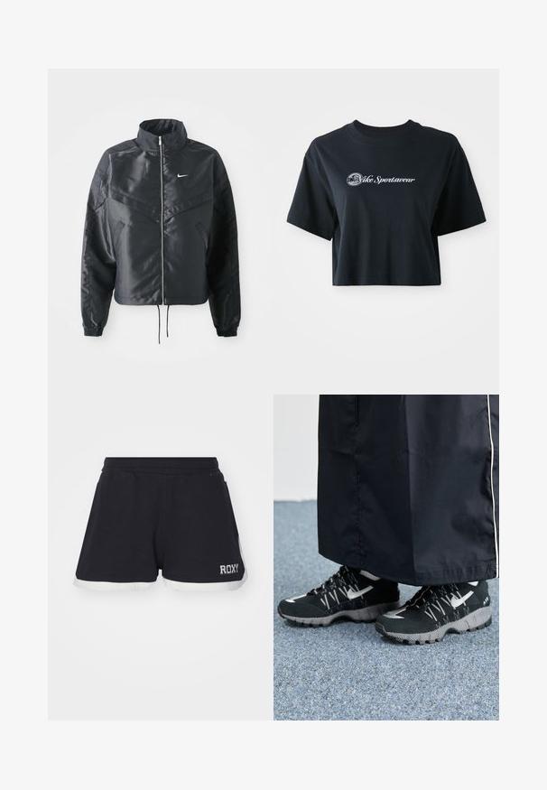 Zwarte cropped jack met hoge kraag, ritsluiting, elastische manchetten en een wit Nike-logo. Glad, glanzend materiaal met een licht gestructureerd oppervlak.; Korte zwarte katoenen t-shirt met korte mouwen, voorzien van witte tekst "Vice Sportswear" en een ronde afbeelding aan de voorkant.; Zwarte shorts met een witte zoom. Gemaakt van zachte stof, voorzien van een elastische tailleband en een "ROXY"-logo aan de onderzijde.; Zwarte atletische schoenen met een gestructureerde bovenkant, zilveren accenten en een gestippelde loopzool, gecombineerd met een zwart lang kledingstuk. Geplaatst op een blauwe vloerbedekking.