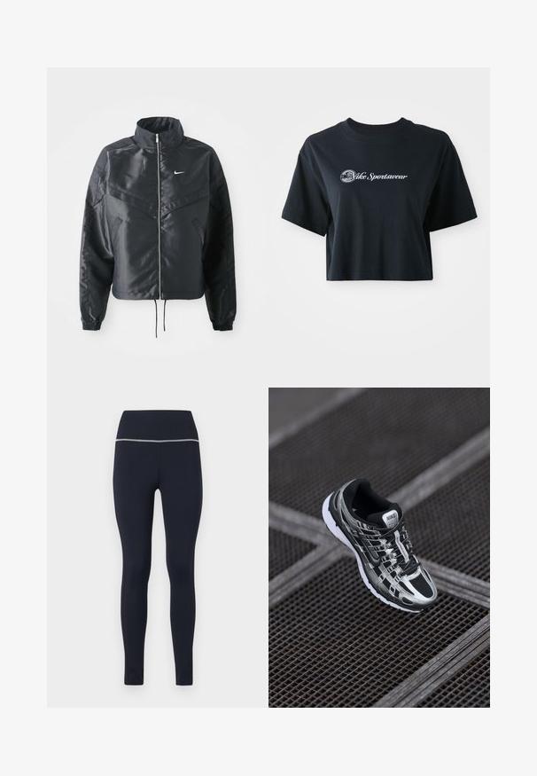 Casaco preto curto com colarinho alto, fecho de zip, punhos em elastano e um logótipo Nike branco. Tecido suave e brilhante com uma superfície ligeiramente texturizada.; T-shirt preta de algodão, cortada, com mangas curtas, apresentando o texto branco "Vice Sportswear" e um gráfico circular na parte da frente.; Leggings ajustados em azul-marinho feitos de tecido elástico, com uma cintura larga e um acabamento refletor ao longo da parte superior para maior visibilidade.; Sapatilha de corrida Nike com um esquema de cores preto e prateado, parte superior em malha, sola texturizada e sistema de atacadores para um ajuste seguro.