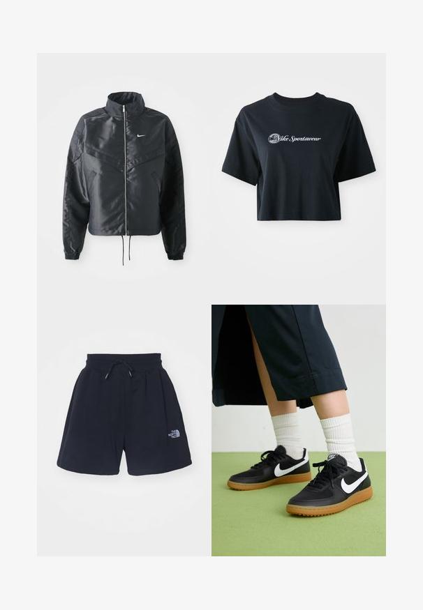 Black cropped jacket with high collar, zip closure, elastane cuffs, and a white Nike logo. Smooth, shiny fabric with a slightly textured surface.; Cropped black cotton t-shirt with short sleeves, featuring white text "Vice Sportswear" and a circular graphic on the front.; Short black shorts made of soft fabric, featuring an elastic waistband with drawstring, and a small logo printed on the side.; Black leather and synthetic sneakers with white Nike swoosh, rubber gum sole, round toe, and black laces. Ribbed white socks visible.