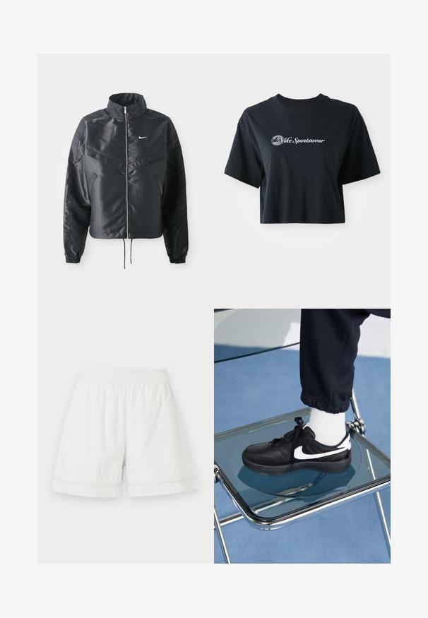 Zwarte cropped jack met hoge kraag, ritsluiting, elastische manchetten en een wit Nike-logo. Glad, glanzend materiaal met een licht gestructureerd oppervlak.; Korte zwarte katoenen t-shirt met korte mouwen, voorzien van witte tekst "Vice Sportswear" en een ronde afbeelding aan de voorkant.; Witte linnen shorts met een elastische tailleband, een ontspannen pasvorm en decoratieve kantafwerking aan de zoom. Glad textuur en casual ontwerp.; Zwarte Nike sneakers met witte accenten, met een gladde leren textuur, vetersluiting en ronde neus, geplaatst op een glazen stoel.