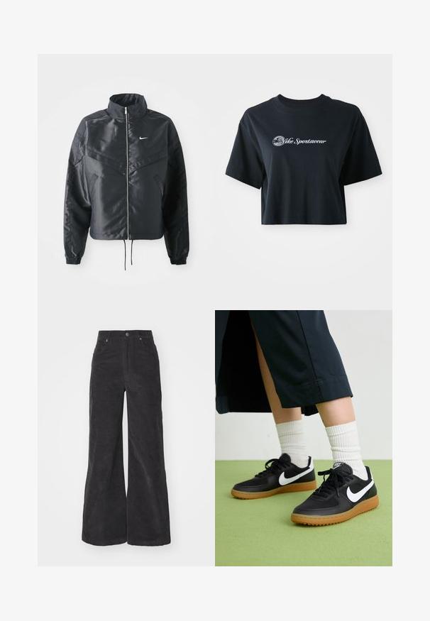 Czarna krótka kurtka z wysokim kołnierzem, zamek błyskawiczny, ściągacze z elastanu i białe logo Nike. Gładki, błyszczący materiał o lekko teksturowanej powierzchni.; Przycięta czarna koszulka bawełniana z krótkim rękawem, z białym napisem "Vice Sportswear" oraz okrągłą grafiką z przodu.; Czarne szerokie spodnie z korduroju z wysokim stanem, przednimi kieszeniami i zapięciem na guzik. Tkanina ma miękką, teksturowaną powierzchnię.; Czarne skórzane i syntetyczne sneakersy z białym logo Nike, gumową podeszwą, okrągłym noskiem i czarnymi sznurowadłami. Widziane są ribbowane białe skarpetki.