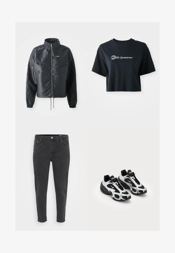Svart cropped jakke med høy krage, glidelåsåpning, elastiske mansjetter og en hvit Nike-logo. Glatt, shiny stoff med en lett teksturert overflate.; Kuttet svart bomull t-skjorte med korte ermer, med hvit tekst "Vice Sportswear" og en sirkulær grafikk på fronten.; Smal passform svarte denimjeans med knapp og glidelås foran, beltehemper og fem lommer, vist på en enkel lys bakgrunn.; Svarte og sølv atletikksko med overdel i mesh og syntetisk materiale, med et distinkt bølgete design og polstret krage, luftdemping i sålen.
