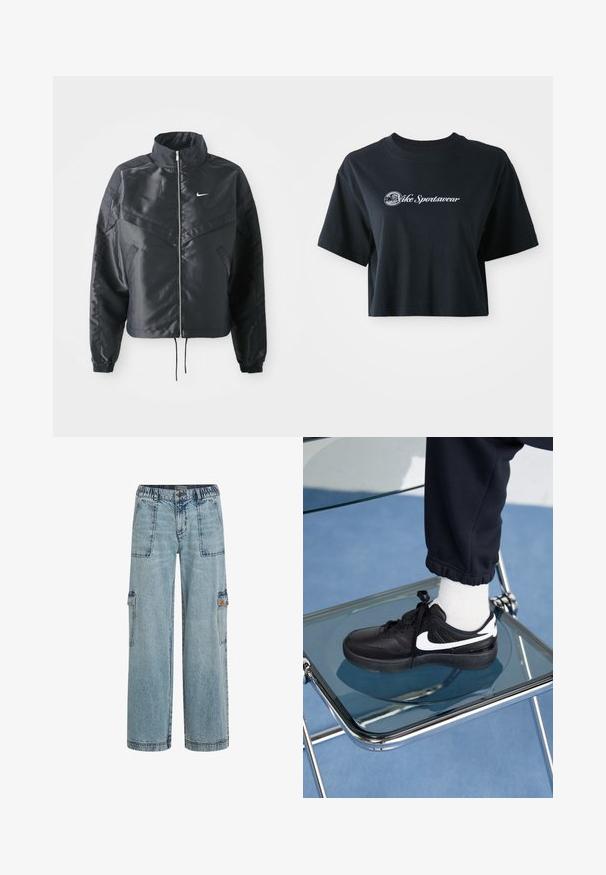 Czarna krótka kurtka z wysokim kołnierzem, zamek błyskawiczny, ściągacze z elastanu i białe logo Nike. Gładki, błyszczący materiał o lekko teksturowanej powierzchni.; Przycięta czarna koszulka bawełniana z krótkim rękawem, z białym napisem "Vice Sportswear" oraz okrągłą grafiką z przodu.; Jasnoniebieskie dżinsowe spodnie cargo z elastycznym pasem, dwoma przednimi kieszeniami i kieszeniami bocznymi. Luźny krój z prostymi nogawkami.; Czarne sneakersy Nike z białymi akcentami, charakteryzujące się gładką skórzaną teksturą, zawiązywaną konstrukcją i zaokrąglonym noskiem, umieszczone na szklanym krześle.