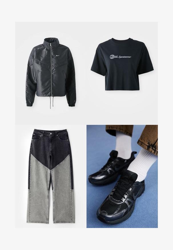 Chaqueta negra corta con cuello alto, cierre de cremallera, puños de elastano y un logo de Nike en blanco. Tejido suave y brillante con una superficie ligeramente texturizada.; Camiseta negra de algodón recortada con mangas cortas, que presenta el texto blanco "Vice Sportswear" y un gráfico circular en la parte delantera.; Jeans de tiro alto y pierna ancha con un diseño en bloques de color en mezclilla gris oscuro y gris claro. Incluyen un diseño estándar de cinco bolsillos.; Zapatos deportivos Nike de color negro con parte superior de malla y acentos brillantes, cordones negros y suela texturizada. Combinados con calcetines blancos de canalé.