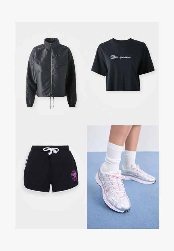 Svart cropped jakke med høy krage, glidelåsåpning, elastiske mansjetter og en hvit Nike-logo. Glatt, shiny stoff med en lett teksturert overflate.; Kuttet svart bomull t-skjorte med korte ermer, med hvit tekst "Vice Sportswear" og en sirkulær grafikk på fronten.; Sorte bomullershorts med hvit snor, hvit kant og en lilla sirkulær logo på høyre front.; Nike løpesko med en sølvfarget mesh-overdel og rosa aksenter, hvite snørebånd og en teksturert såle. Brukt med hvite bomullstrømper for trening.