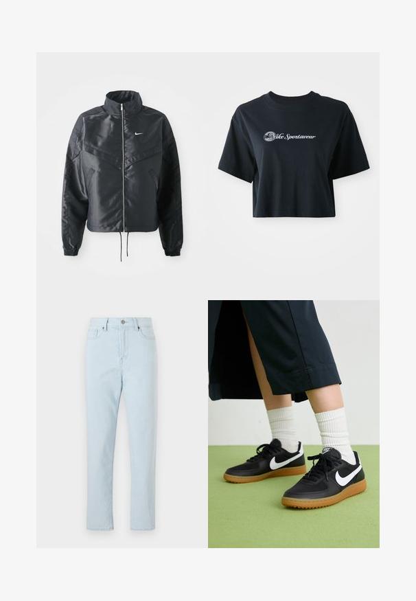 Crna kratka jakna s visokim ovratnikom, zatvaranjem na patentni zatvarač, elastinim rukavima i bijelim Nike logom. Glatka, sjajna tkanina s lagano teksturiranom površinom.; Skraćena crna pamučna majica s kratkim rukavima, s bijelim natpisom "Vice Sportswear" i kružnom grafikom sprijeda.; Svijetloplave traperice s visokim strukom i ravnim nogavicama, s prednjim džepovima, petljama za remen, zatvaranjem na dugme i vidljivim šavovima duž nogavica.; Crne kožne i sintetičke tenisice s bijelim Nike swooshom, gumeni potplat, okrugli vrh i crne vezice. Vidljive rebraste bijele čarape.