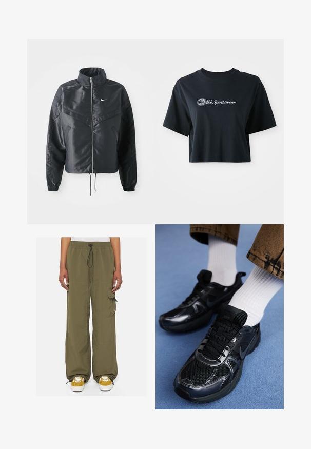 Zwarte cropped jack met hoge kraag, ritsluiting, elastische manchetten en een wit Nike-logo. Glad, glanzend materiaal met een licht gestructureerd oppervlak.; Korte zwarte katoenen t-shirt met korte mouwen, voorzien van witte tekst "Vice Sportswear" en een ronde afbeelding aan de voorkant.; Olijfgroene cargobroek met een elastische tailleband, verstelbaar koord, zijzakken en een drukknoop utility zak op de bovenbeen.; Zwarte Nike sneakers van mesh en synthetisch materiaal, met een gestructureerde bovenzijde, zwarte veters en duurzame rubberen zolen. Witte geribbelde sokken zichtbaar.