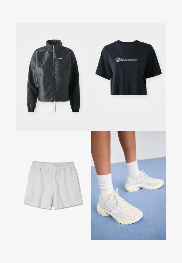 Čierna skrátená bunda s vysokým golierom, zipsovým uzatváraním, elastickými manžetami a bielym logom Nike. Hladká, lesklá tkanina s mierne textúrovaným povrchom.; Zastrihnuté čierne bavlnené tričko s krátkymi rukávmi, so bielym textom "Vice Sportswear" a kruhovou grafikou na prednej strane.; Svetlo šedé ribbed šortky s elastickým pásom, ktoré majú dve bočné vrecká a malé biele logo v pravom dolnom rohu.; Štýlové športové topánky v svetložltej a bielej farbe, vyrobené z sieťoviny a syntetických materiálov, s zaobleným tvarom a textúrovanými podrážkami.