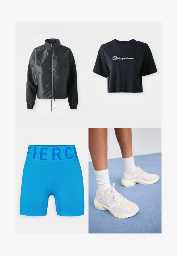 Casaco preto curto com colarinho alto, fecho de zip, punhos em elastano e um logótipo Nike branco. Tecido suave e brilhante com uma superfície ligeiramente texturizada.; T-shirt preta de algodão, cortada, com mangas curtas, apresentando o texto branco "Vice Sportswear" e um gráfico circular na parte da frente.; Bermudas atléticas azuis feitas de tecido elástico, com uma cinta larga onde está a palavra "Fierce" em azul escuro. Superfície lisa e design ajustado.; Sapatilhas atléticas elegantes em amarelo claro e branco, com materiais de malha e sintéticos, de forma arredondada e solas texturizadas.