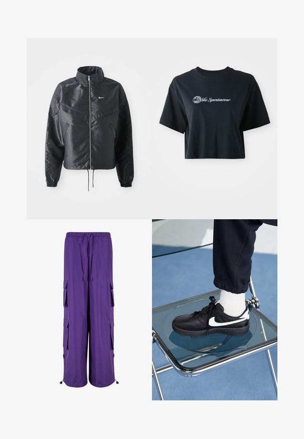 Schwarze, verkürzte Jacke mit hohem Kragen, Reißverschluss, Elastan-Ärmeln und einem weißen Nike-Logo. Glattes, glänzendes Material mit leicht strukturiertem Oberflächeneffekt.; Gekürztes schwarzes Baumwoll-T-Shirt mit kurzen Ärmeln, das weißen Text "Vice Sportswear" und eine runde Grafik auf der Vorderseite zeigt.; Lila Cargo-Hosen mit elastischem Bund, ausgestattet mit zwei Seitentaschen und zwei Cargo-Taschen. Hergestellt aus leichtem Stoff mit glatter Textur.; Schwarze Nike-Sneaker mit weißen Akzenten, die über eine glatte Ledertextur, ein Schnürdesign und eine abgerundete Zehenform verfügen, platziert auf einem Glasstuhl.