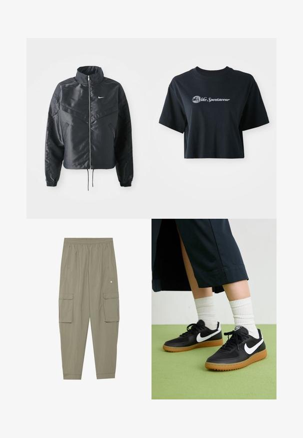 Crna kratka jakna s visokim ovratnikom, zatvaranjem na patentni zatvarač, elastinim rukavima i bijelim Nike logom. Glatka, sjajna tkanina s lagano teksturiranom površinom.; Skraćena crna pamučna majica s kratkim rukavima, s bijelim natpisom "Vice Sportswear" i kružnom grafikom sprijeda.; Cargo hlače od maslinaste tkanine s elastičnim pojasom, bočnim džepovima i dva velika prednja cargo džepa. Glatka, lagana tekstura.; Crne kožne i sintetičke tenisice s bijelim Nike swooshom, gumeni potplat, okrugli vrh i crne vezice. Vidljive rebraste bijele čarape.