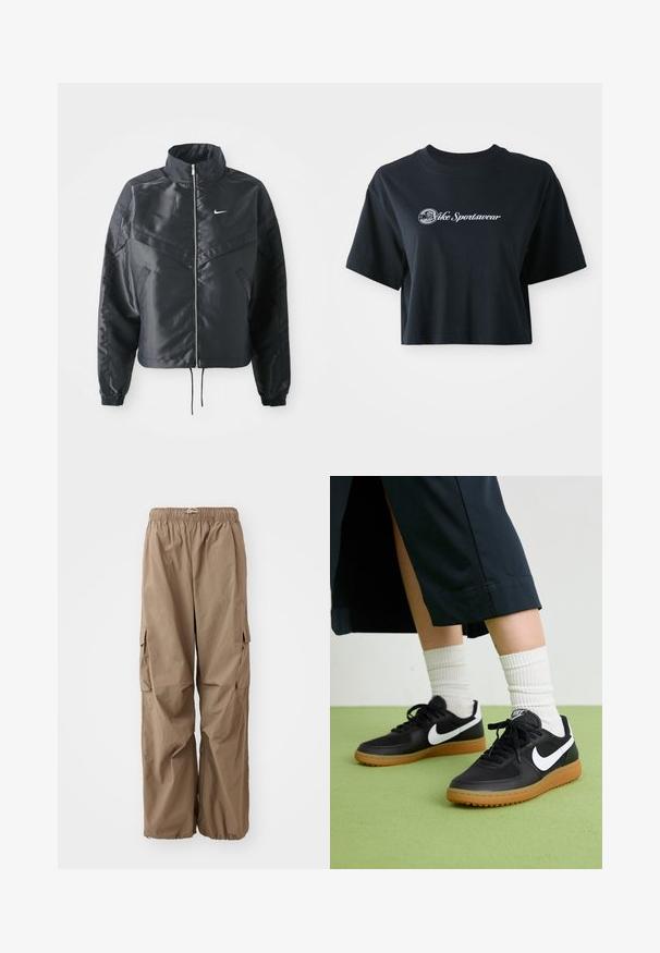 Černá zkrácená bunda s vysokým límcem, zipovým zapínáním, elastickými manžetami a bílým logem Nike. Hladká, lesklá látka s mírně strukturovaným povrchem.; Zkrácené černé bavlněné tričko s krátkými rukávy, na přední straně s bílým nápisem "Vice Sportswear" a kulatou grafikou.; New Balance PANT - Kapsáče - light mushroom; Černé kožené a syntetické tenisky s bílým logem Nike, gumovou podrážkou, kulatou špičkou a černými tkaničkami. Viditelné žebrované bílé ponožky.