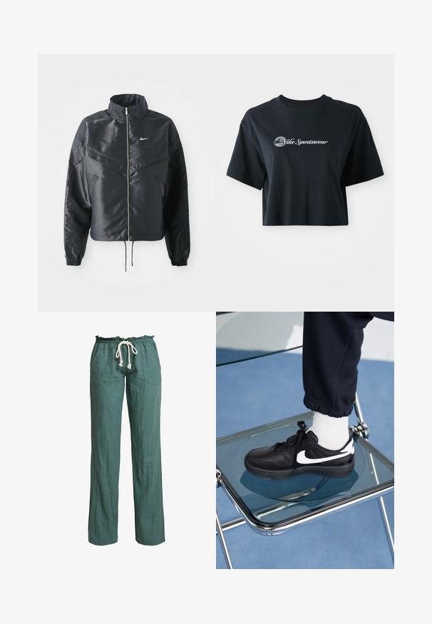 Veste noire courte avec col haut, fermeture éclair, poignets en élasthanne et logo Nike blanc. Tissu lisse et brillant avec une surface légèrement texturée.; T-shirt noir en coton coupé avec des manches courtes, arborant un texte blanc "Vice Sportswear" et un graphique circulaire sur le devant.; Pantalons en lin léger et vert avec une coupe décontractée, une taille élastique et un cordon de serrage, comportant deux poches latérales.; Baskets Nike noires avec des accents blancs, présentant une texture en cuir lisse, un design à lacets et un bout rond, placées sur une chaise en verre.