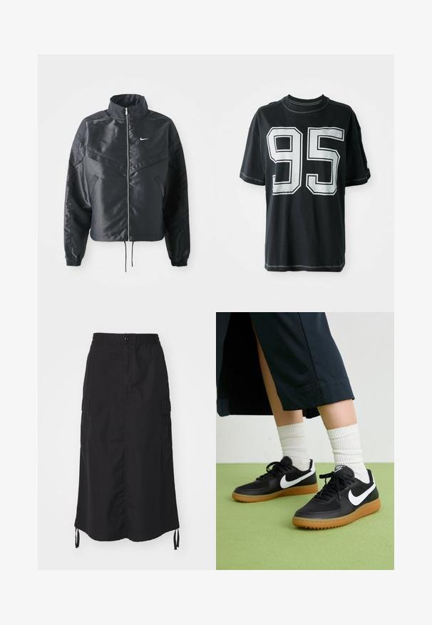 Čierna skrátená bunda s vysokým golierom, zipsovým uzatváraním, elastickými manžetami a bielym logom Nike. Hladká, lesklá tkanina s mierne textúrovaným povrchom.; Čierne bavlnené tričko s krátkymi rukávmi, na prednej strane s bielou potlačou čísla "95" a kontrastným prešitím pozdĺž okrajov.; Čierna sukňa strednej dĺžky vyrobená z ľahkého materiálu. Má elastický pás, zapínanie na gombík a bočné vrecká s šnúrkovými detailmi.; Čierne kožené a syntetické tenisky so bielym logom Nike, gumenou podrážkou, okrúhlou špičkou a čiernymi šnúrkami. Viditeľné biele pruhované ponožky.