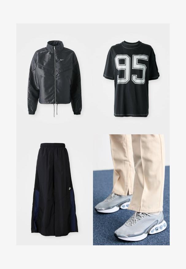 Fekete, rövidített dzseki magas gallérral, cipzáras záródással, elasztikus mandzsettákkal, és fehér Nike logóval. Simább, fényes anyag, enyhén textúrázott felülettel.; Fekete pamut póló rövid ujjakkal, amelyen elöl a „95” szám fehér nyomattal látható, és a szélek mentén kontrasztos varrás található.; Fekete, bő szárú nadrág könnyű anyagból, tengerészkék oldalsó panellel és elasztikus derékkal. Kicsi fehér logó az alján.; Szürke sportcipők hálós felsőrésszel, lekerekített orral és párnázott talppal; a talpon kis légpárnák találhatók, amelyek extra támogatást nyújtanak.