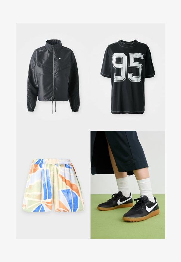 Melna apgriezta jaka ar augstu apkakli, rāvējslēdzēja aizdari, elastīna aprocēm un baltu Nike logo. Gluda, spīdīga auduma ar nedaudz teksturētu virsmu.; Melnas kokvilnas t-krekls ar īsām piedurknēm, kuram priekšā ir balts drukāts skaitlis "95" un kontrastējoša šuvuma apdare gar malām.; Šorti, kas izgatavoti no viegla auduma ar elastīgu jostu. Iespējas daudzkrāsains ģeometrisks raksts zilā, oranžā, zaļā un bēšā krāsā.; Melna āda un sintētiska materiāla sporta apavi ar baltu Nike logo, gumijas zole, apaļa purngala forma un melni šņores. Redzamas ribotas baltas zeķes.