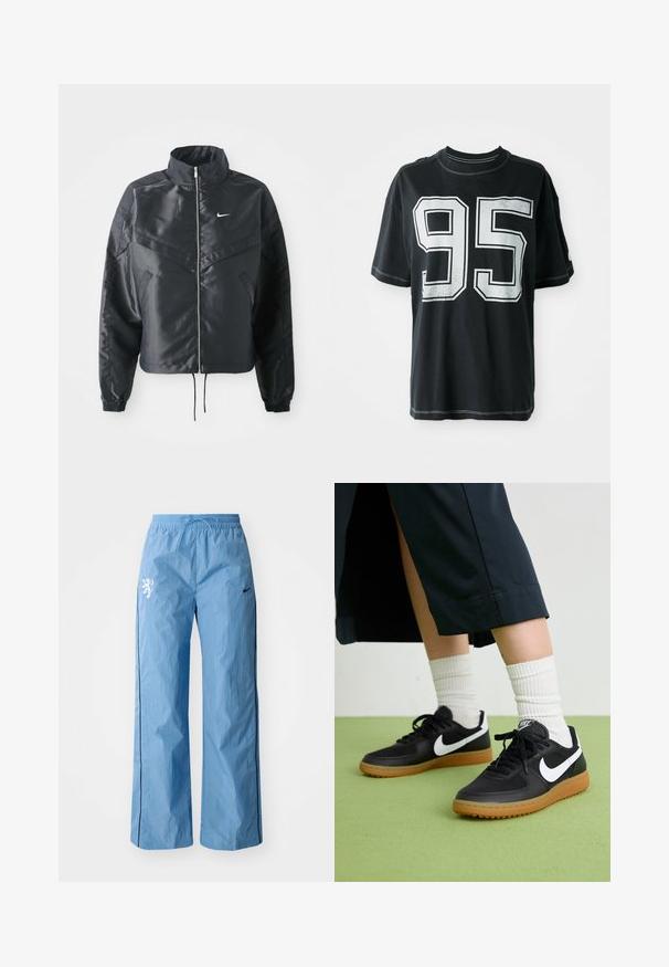 Zwarte cropped jack met hoge kraag, ritsluiting, elastische manchetten en een wit Nike-logo. Glad, glanzend materiaal met een licht gestructureerd oppervlak.; Zwarte katoenen t-shirt met korte mouwen, voorzien van een witte geprinte nummer "95" op de voorkant en contrasterende stiksels langs de randen.; Lichtblauwe, wijdvallende broeken van gestructureerde stof, met een zwarte zijstreep en een witte leeuwengrafiek op de voorkant. Inclusief elastische tailleband.; Zwarte leren en synthetische sneakers met witte Nike swoosh, rubberen gumzool, ronde neus en zwarte veters. Geribbelde witte sokken zichtbaar.