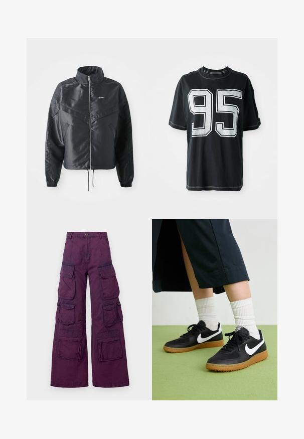 Zwarte cropped jack met hoge kraag, ritsluiting, elastische manchetten en een wit Nike-logo. Glad, glanzend materiaal met een licht gestructureerd oppervlak.; Zwarte katoenen t-shirt met korte mouwen, voorzien van een witte geprinte nummer "95" op de voorkant en contrasterende stiksels langs de randen.; Paarse cargobroek met wijde pijpen, voorzien van meerdere voor- en zijzakken, contrasterende stiksels en een knoopsluiting in de taille.; Zwarte leren en synthetische sneakers met witte Nike swoosh, rubberen gumzool, ronde neus en zwarte veters. Geribbelde witte sokken zichtbaar.