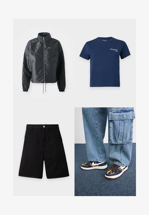 Crna kratka jakna s visokim ovratnikom, zatvaranjem na patentni zatvarač, elastinim rukavima i bijelim Nike logom. Glatka, sjajna tkanina s lagano teksturiranom površinom.; Tamno plava pamučna majica s kratkim rukavima, okruglim izrezom i bijelim logotipom otisnutim na prednjoj lijevoj strani. Jednostavan dizajn, glatka tekstura.; Crne kratke hlače od izdržljive tkanine, s ravnim krojem, prednjim džepovima, munjevim zatvaranjem i metalnim dugmetom.; Tamno plave tenisice s akcentima u uzorku leoparda, bijeli Nike swoosh, smeđi vezice i bijela srednja potplata. Uparene s svijetloplavim trapericama cargo.