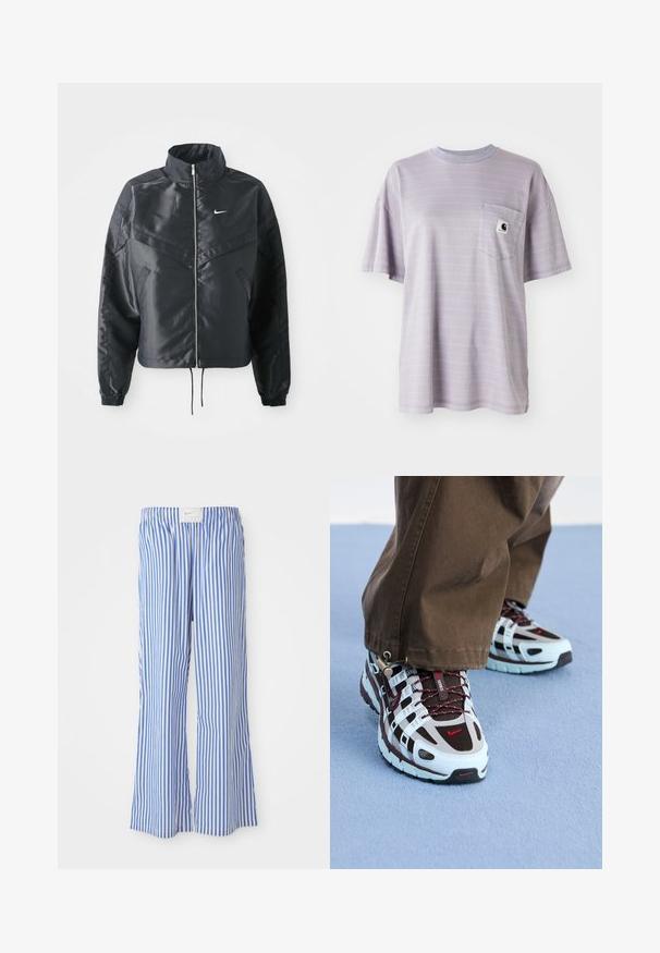 Must kolledžiga must lühike jope, millel on lukuga sulgus, elastne mansett ja valge Nike logo. Sile, läikiv kangas, millel on veidi tekstureeritud pind.; Hele lilla lühikeste varrukatega T-särk, millel on peened horisontaalsed triibud ja rinnatasku, kus on väike brändi logo. Pehme puuvillane kangas.; Sinise ja valge triibuline vabalt lõigatud püksid, valmistatud kergest kangast, millel on elastne vöökoht ja peen logo silt.; Nike spordijalatsid, mis sisaldavad helesinist ja pruuni värvipaletti, võrkmaterjali ja kummist, kontrastsete punaste detailidega ja tekstuurse tallaga.