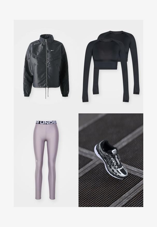 Zwarte cropped jack met hoge kraag, ritsluiting, elastische manchetten en een wit Nike-logo. Glad, glanzend materiaal met een licht gestructureerd oppervlak.; Zwarte cropped lange mouwen tops gemaakt van glad, rekbaar stof. Voorzien van een ronde halslijn en contrasterende naden voor extra detail.; Leggings in lichtpaars, gemaakt van soepel, rekbaar materiaal. Voorzien van een zwarte tailleband met "UNDER ARMOUR" in het wit gedrukt. Logo op het been.; Nike hardloopschoen met een zwart en zilver kleurenschema, bovenwerk van mesh, tekstuurzool en vetersysteem voor een veilige pasvorm.