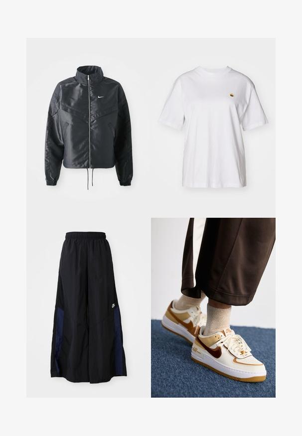 Schwarze, verkürzte Jacke mit hohem Kragen, Reißverschluss, Elastan-Ärmeln und einem weißen Nike-Logo. Glattes, glänzendes Material mit leicht strukturiertem Oberflächeneffekt.; Weißes Baumwoll-T-Shirt mit lockerem Schnitt, kurzen Ärmeln und einem kleinen gestickten Logo auf der linken Brustseite.; Schwarze weit geschnittene Hose aus leichtem Stoff, mit einem dunkelblauen Seitenpanel und einem elastischen Bund. Kleines weißes Logo am unteren Ende.; Nike Sportswear AIR FORCE 1 SHADOW - Sneaker low - sail/cacao wow/flax/sesame/white/light brown