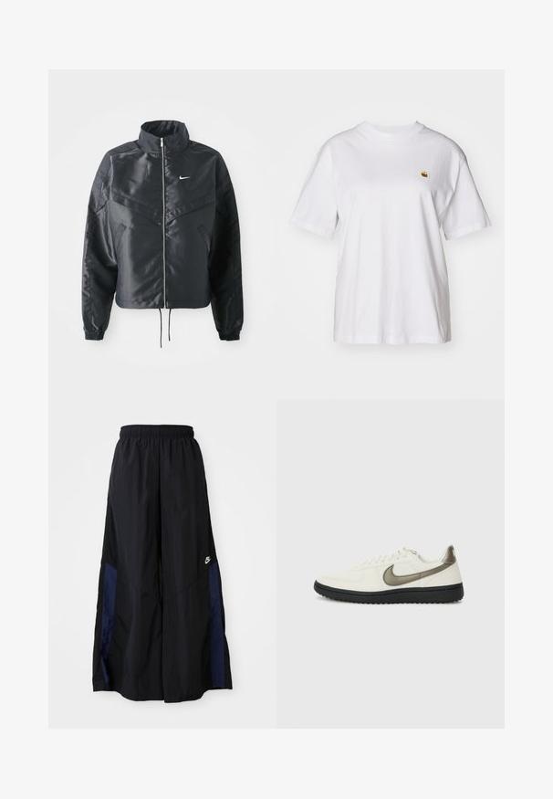 Must kolledžiga must lühike jope, millel on lukuga sulgus, elastne mansett ja valge Nike logo. Sile, läikiv kangas, millel on veidi tekstureeritud pind.; Valge puuvillane T-särk, millel on lõdva lõikega, lühikesed varrukad ja väike broderi logo vasakul rinnakarpi.; Mustad laiad mustad püksid kergest kangast, millel on tumesinine külgpaneel ja elastne vöökoht. Väike valge logo allservas.; Nike Sportswear FIELD GENERAL - Tossud - off-white/black