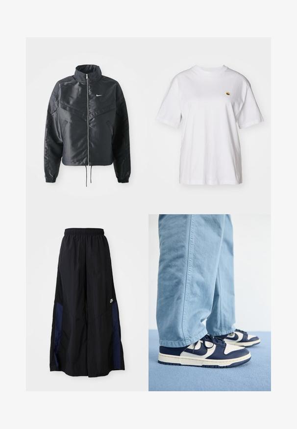 Veste noire courte avec col haut, fermeture éclair, poignets en élasthanne et logo Nike blanc. Tissu lisse et brillant avec une surface légèrement texturée.; T-shirt en coton blanc avec une coupe décontractée, des manches courtes et un petit logo brodé sur la poitrine gauche.; Pantalons larges noirs en tissu léger, avec un panneau latéral bleu marine et une taille élastique. Petit logo blanc en bas.; Baskets bleu marine et crème avec une tige en cuir lisse et un bout perforé, associées à un pantalon en coton léger, de coupe décontractée, de couleur bleu clair.