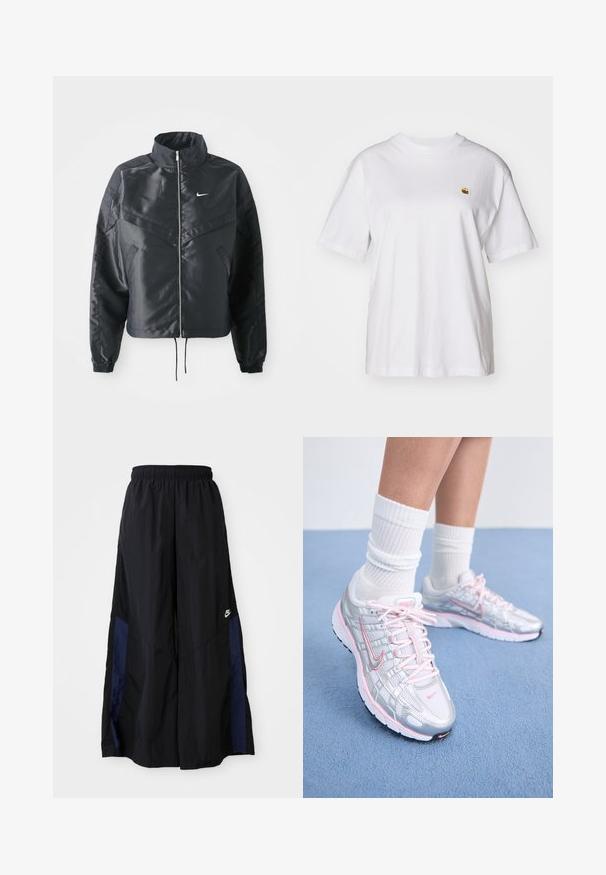 Casaco preto curto com colarinho alto, fecho de zip, punhos em elastano e um logótipo Nike branco. Tecido suave e brilhante com uma superfície ligeiramente texturizada.; T-shirt branca de algodão com um corte descontraído, mangas curtas e um pequeno logótipo bordado na área do peito esquerdo.; Calças largas pretas feitas de tecido leve, com um painel lateral azul-marinho e cintura elástica. Pequeno logótipo branco na parte inferior.; Sapatos de corrida Nike com um upper de malha prateada com detalhes em rosa, atacadores brancos e uma sola texturizada. Usados com meias de algodão brancas para desporto.