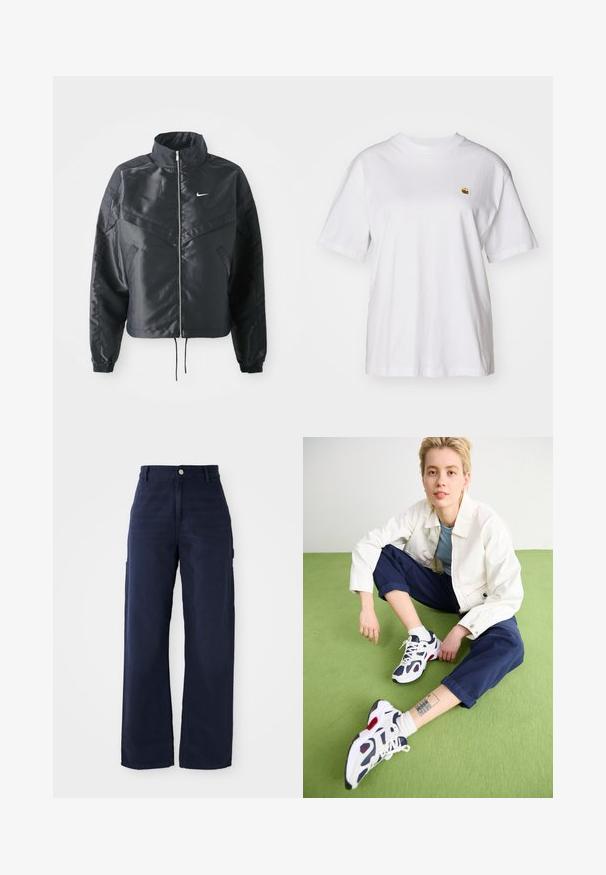 Svart cropped jakke med høy krage, glidelåsåpning, elastiske mansjetter og en hvit Nike-logo. Glatt, shiny stoff med en lett teksturert overflate.; Hvit bomulls t-skjorte med avslappet passform, korte ermer og en liten brodert logo på venstre brystområde.; Marineblå vide bukser med cargo-design laget av solid bomullsstoff, med sidelommer og knappelukking i midjen.; Hvite sneakers med marineblå detaljer og røde aksenter, kombinert med marineblå capribukser og en hvit jakke på en grønn overflate.